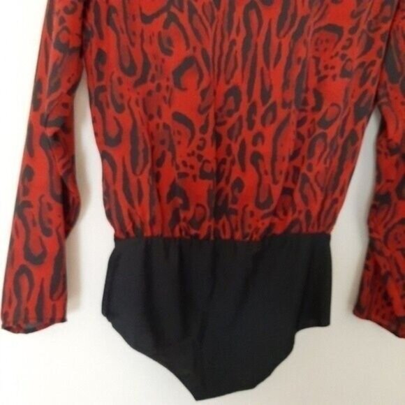 ZARA | Leopard Bodysuit Deep V-Neck Long Sleeve Red & Black Sz S - Picture 12 of 13